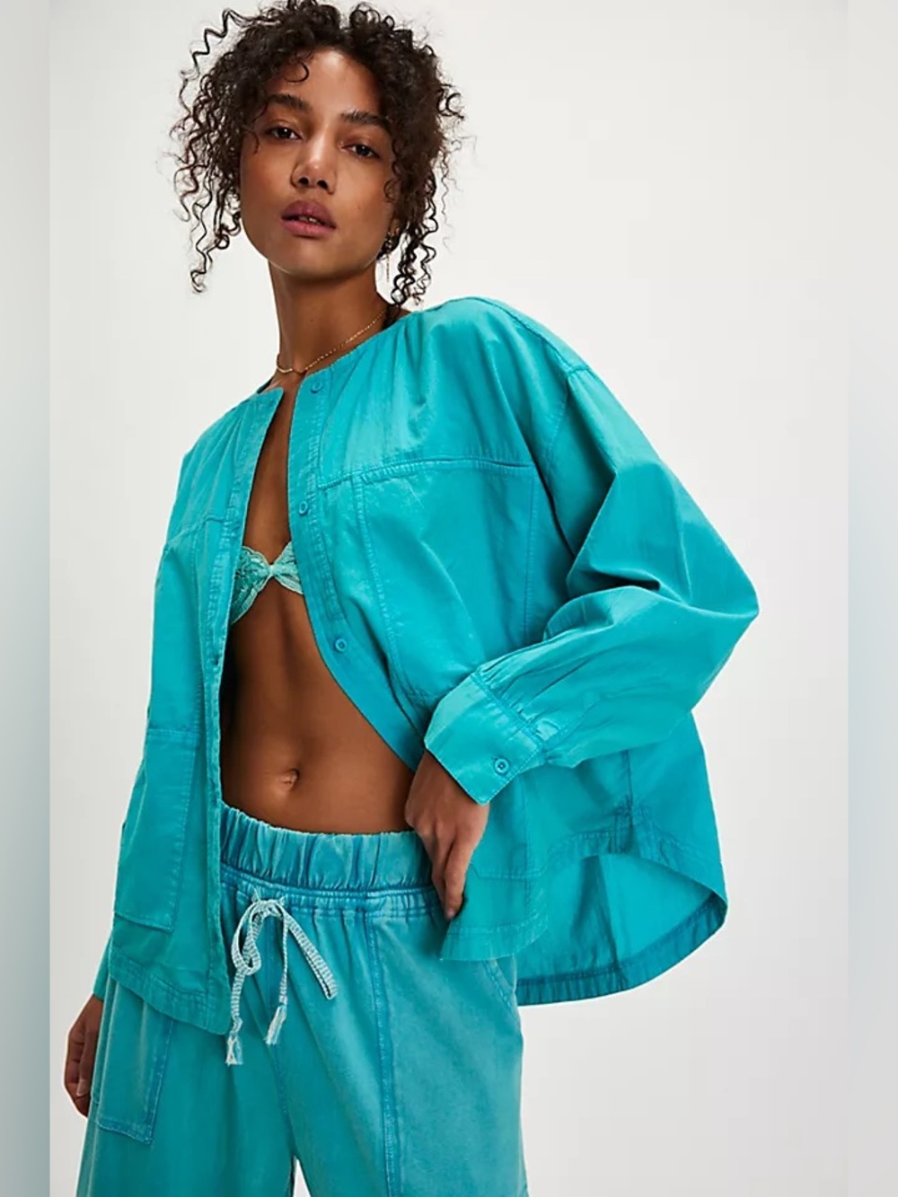 1549. FREE PEOPLE Golden Hour House Shirt in Blue Buzz Sz XS NWT $78